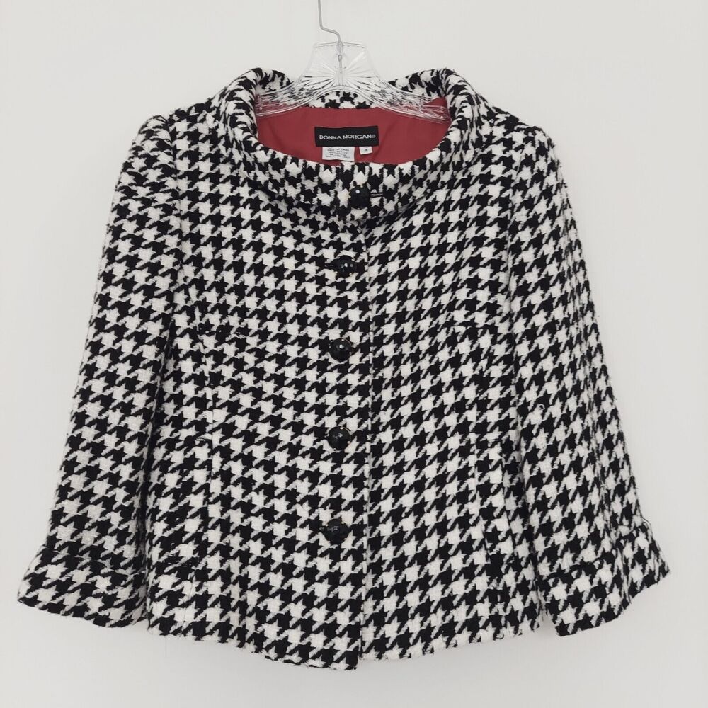 Donna Morgan Size 4 Black White Houndstooth Jacket Coat Blazer Short